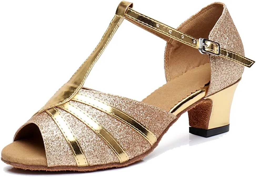 TDA Women's Fashion T-strap Glitter Synthetic Salsa Tango Ballroom Wedding Modern Latin Dance Shoes