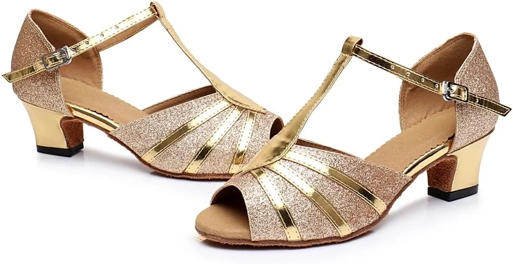 TDA Women's Fashion T-strap Glitter Synthetic Salsa Tango Ballroom Wedding Modern Latin Dance Shoes