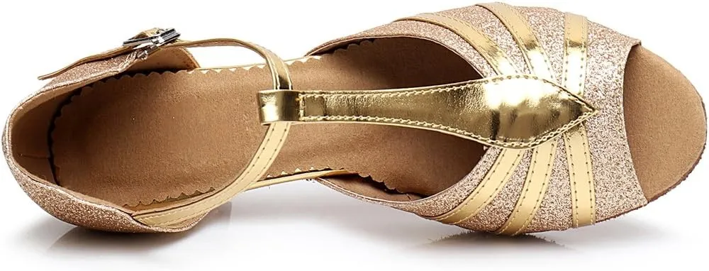 TDA Women's Fashion T-strap Glitter Synthetic Salsa Tango Ballroom Wedding Modern Latin Dance Shoes