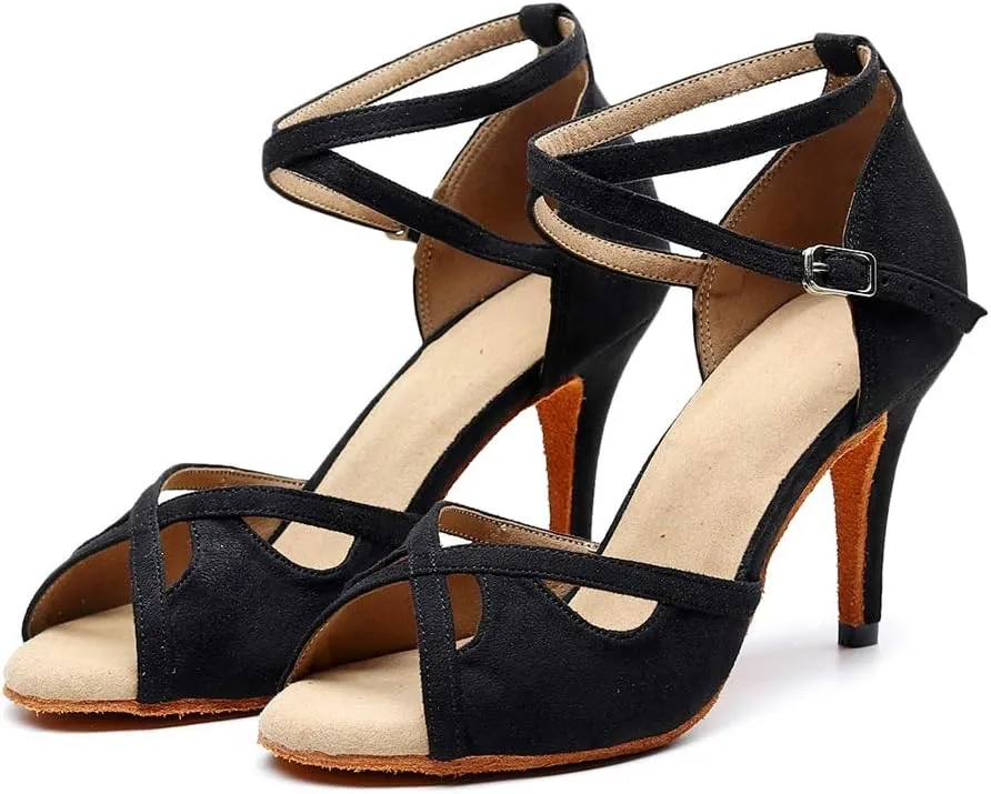 TDA Women's Peep Toe Cut-out Suede Salsa Tango Ballroom Latin Modern Dance Stiletto Heel Shoes