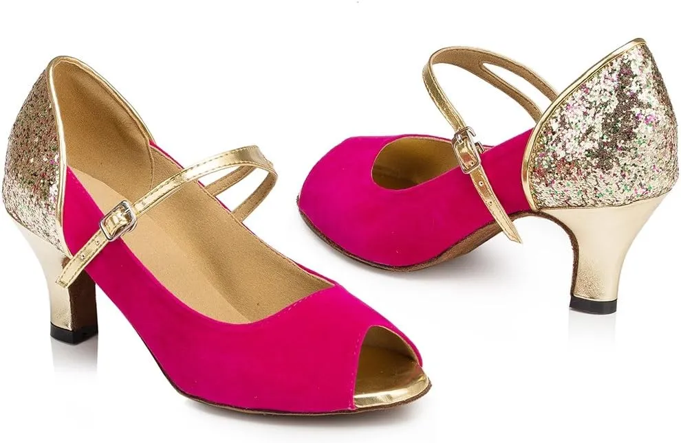 TDA Womens Peep Toe Mary Janes Suede Latin Modern Salsa Tango Ballroom Wedding Dance Shoes