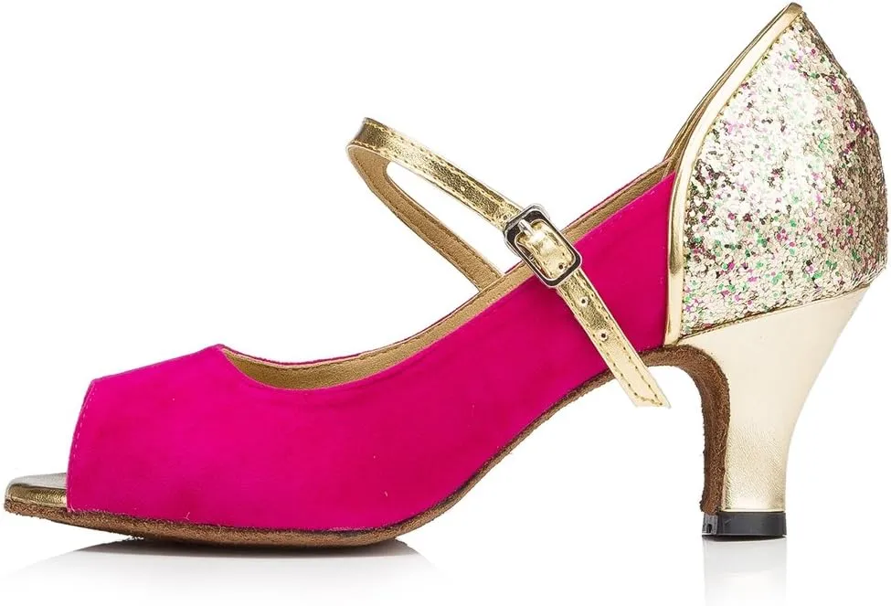 TDA Womens Peep Toe Mary Janes Suede Latin Modern Salsa Tango Ballroom Wedding Dance Shoes