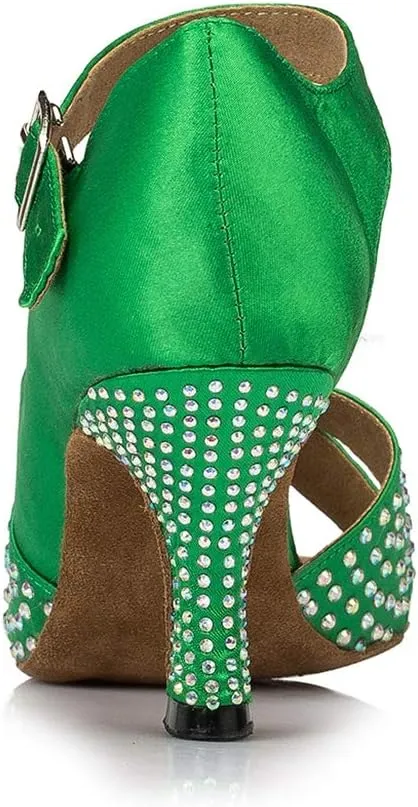 TDA Women's Peep Toe T-Strap Satin Rhinestones Latin Salsa Ballroom Modern Dance Wedding Shoes