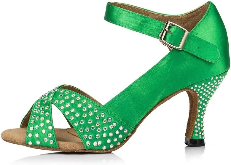 TDA Women's Peep Toe T-Strap Satin Rhinestones Latin Salsa Ballroom Modern Dance Wedding Shoes