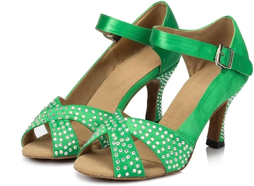 TDA Women's Peep Toe T-Strap Satin Rhinestones Latin Salsa Ballroom Modern Dance Wedding Shoes