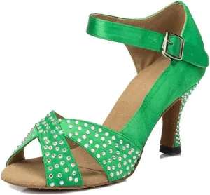 TDA Women's Peep Toe T-Strap Satin Rhinestones Latin Salsa Ballroom Modern Dance Wedding Shoes