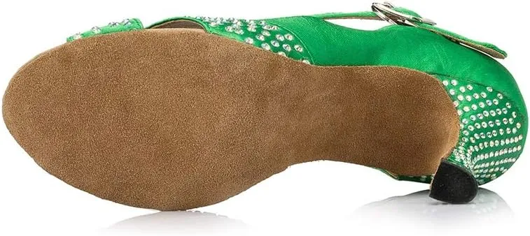 TDA Women's Peep Toe T-Strap Satin Rhinestones Latin Salsa Ballroom Modern Dance Wedding Shoes