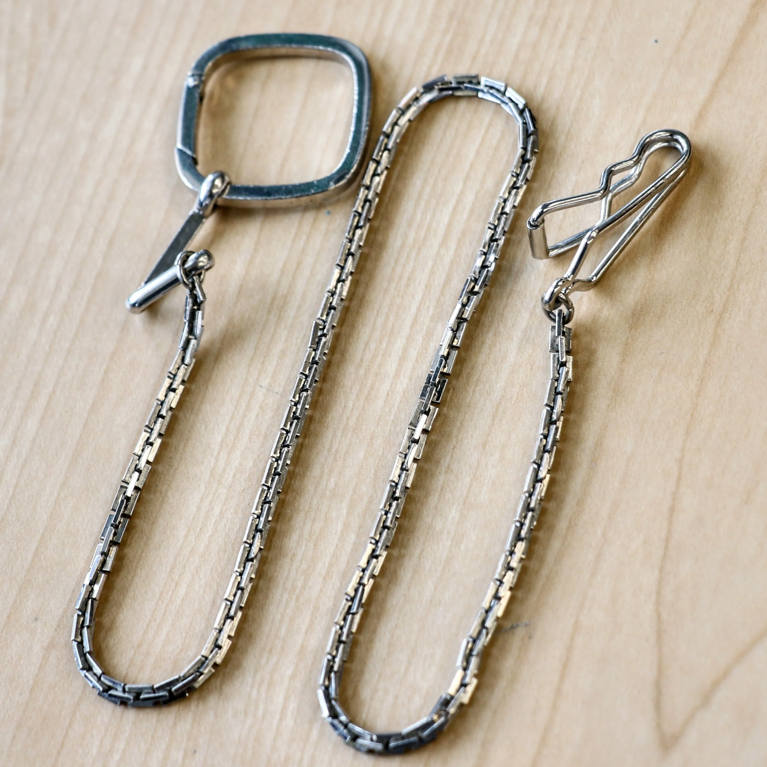 Vintage SWANK Pocket Watch Chain Fancy Silver Tone Square Link with Square Fob