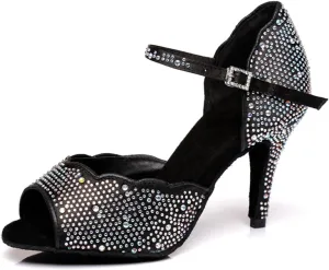 Women's Sparkle Rhinestones Peep Toe Satin Ballroom Modern Rumba Party Wedding Performence Dance Shoes Black US 5