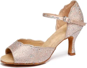 Women's Sparkle Rhinestones Peep Toe Satin Ballroom Modern Rumba Party Wedding Performence Dance Shoes Nude US 8.5