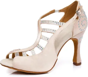 Women's Sparkle Rhinestones Peep Toe Satin Ballroom Modern Tango Party Wedding Performence Professional Dance Shoes Nude US 4