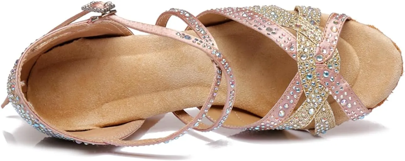 Women's Sparkle Rhinestones Peep Toe Satin Ballroom Modern Tango Party Wedding Performence Professional Dance Shoes