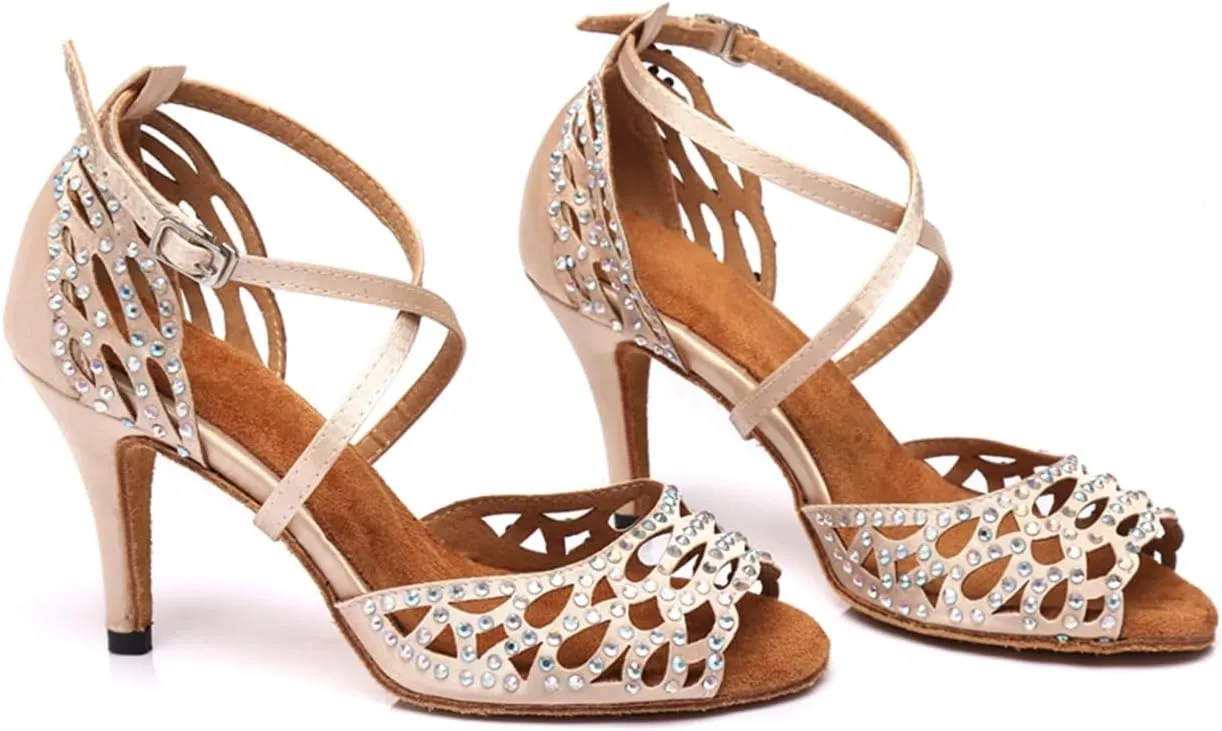 Women's Sparkle Rhinestones Peep Toe Satin Ballroom Modern Tango Party Wedding Performence Professional Dance Shoes