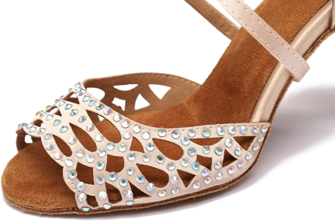 Women's Sparkle Rhinestones Peep Toe Satin Ballroom Modern Tango Party Wedding Performence Professional Dance Shoes