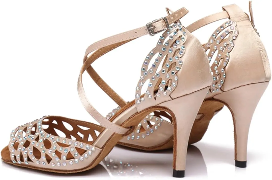 Women's Sparkle Rhinestones Peep Toe Satin Ballroom Modern Tango Party Wedding Performence Professional Dance Shoes