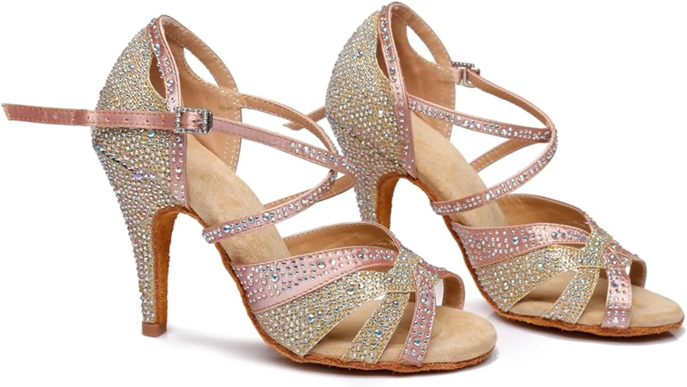 Women's Sparkle Rhinestones Peep Toe Satin Ballroom Modern Tango Party Wedding Performence Professional Dance Shoes