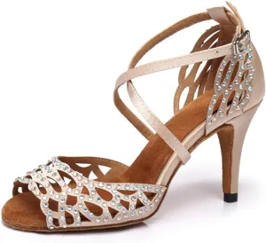 Women's Sparkle Rhinestones Peep Toe Satin Ballroom Modern Tango Party Wedding Performence Professional Dance Shoes