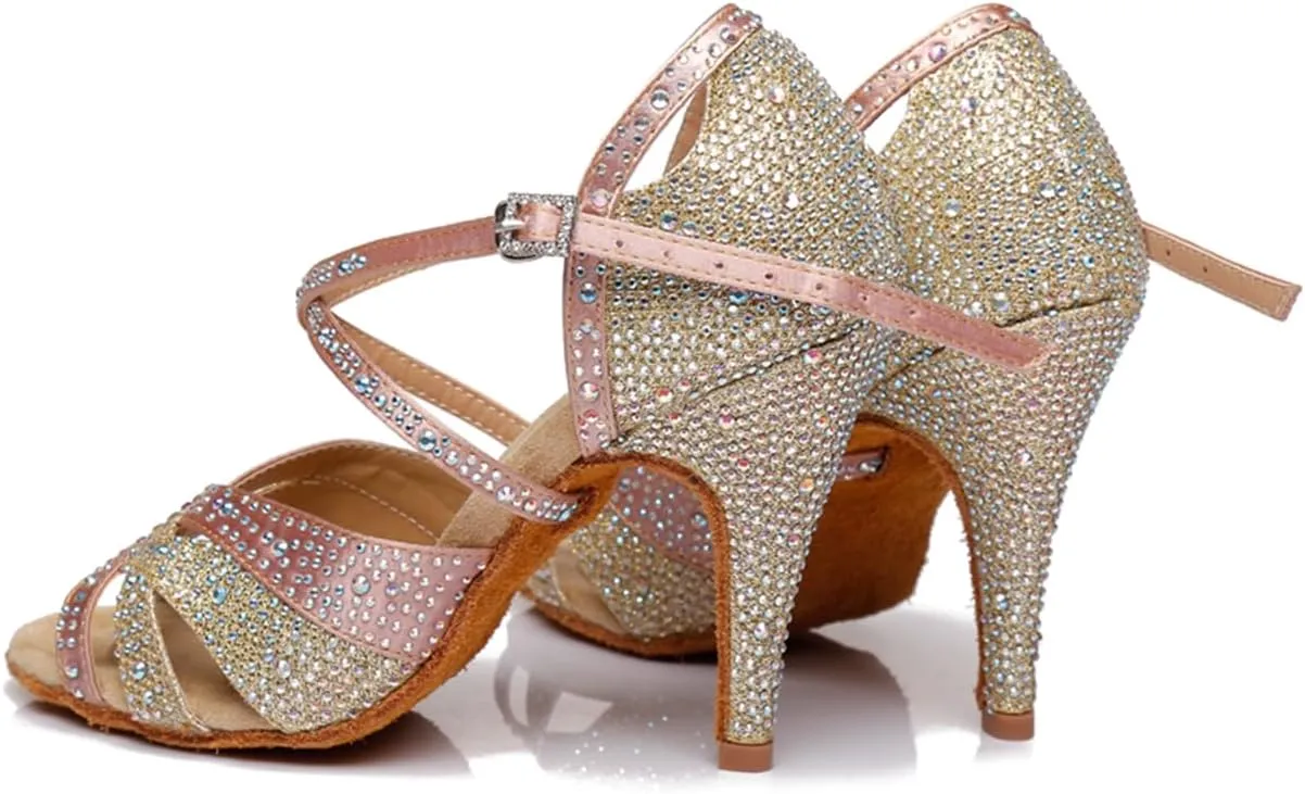 Women's Sparkle Rhinestones Peep Toe Satin Ballroom Modern Tango Party Wedding Performence Professional Dance Shoes