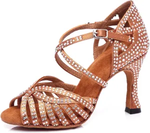 Women's Stylish Sparkle Rhinestones Peep Toe Satin Ballroom Jazz Tango Modern Party Wedding Professional Dance Shoes Bronze US 9