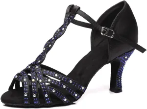 Women's Stylish Sparkle Rhinestones Peep Toe Satin Ballroom Modern Tango Party Wedding Practice Performence Dance Shoes Black US 7.5