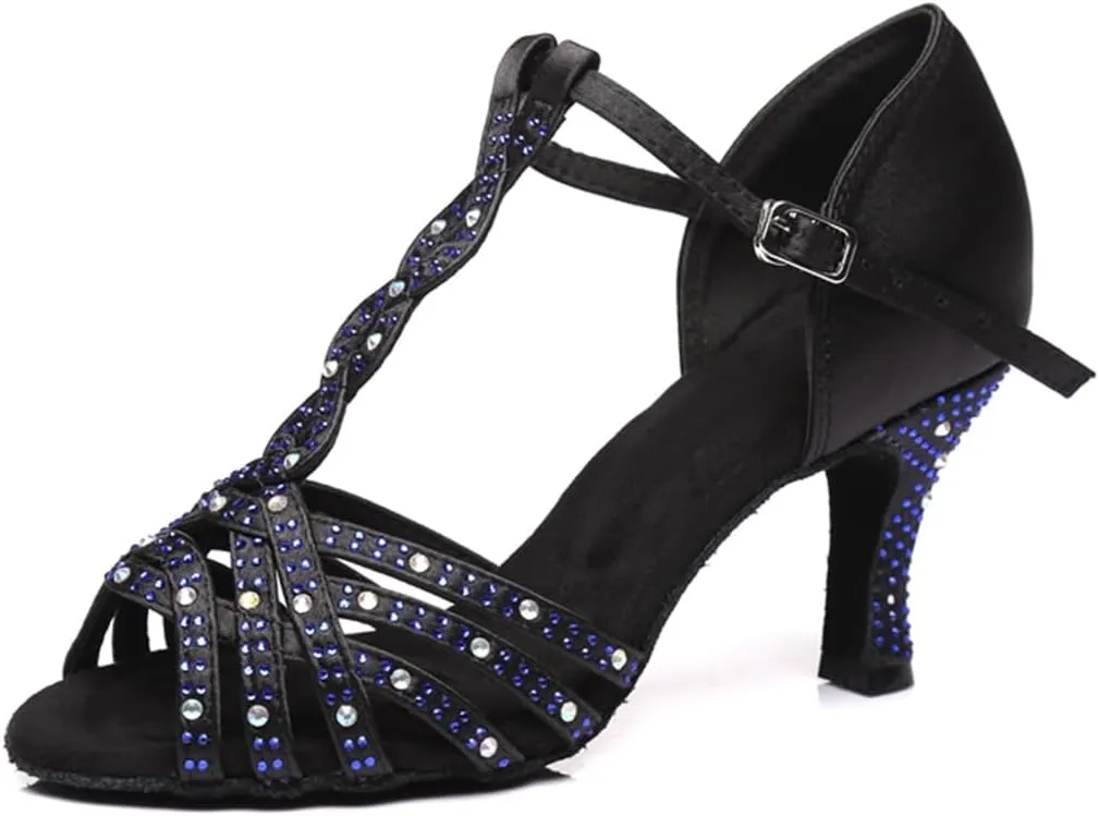 Women's Stylish Sparkle Rhinestones Peep Toe Satin Ballroom Modern Tango Party Wedding Practice Performence Dance Shoes Black US 7.5