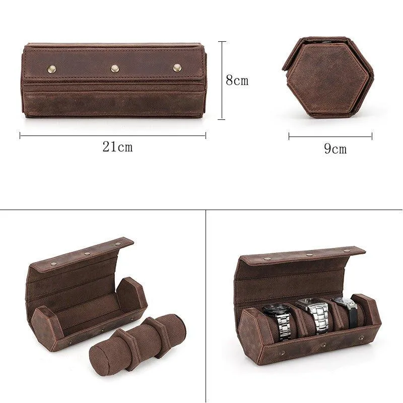 Woosir Leather Hexagon Watch Roll Case for 3 Watches