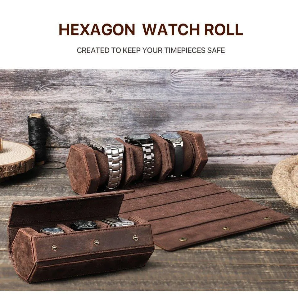 Woosir Leather Hexagon Watch Roll Case for 3 Watches