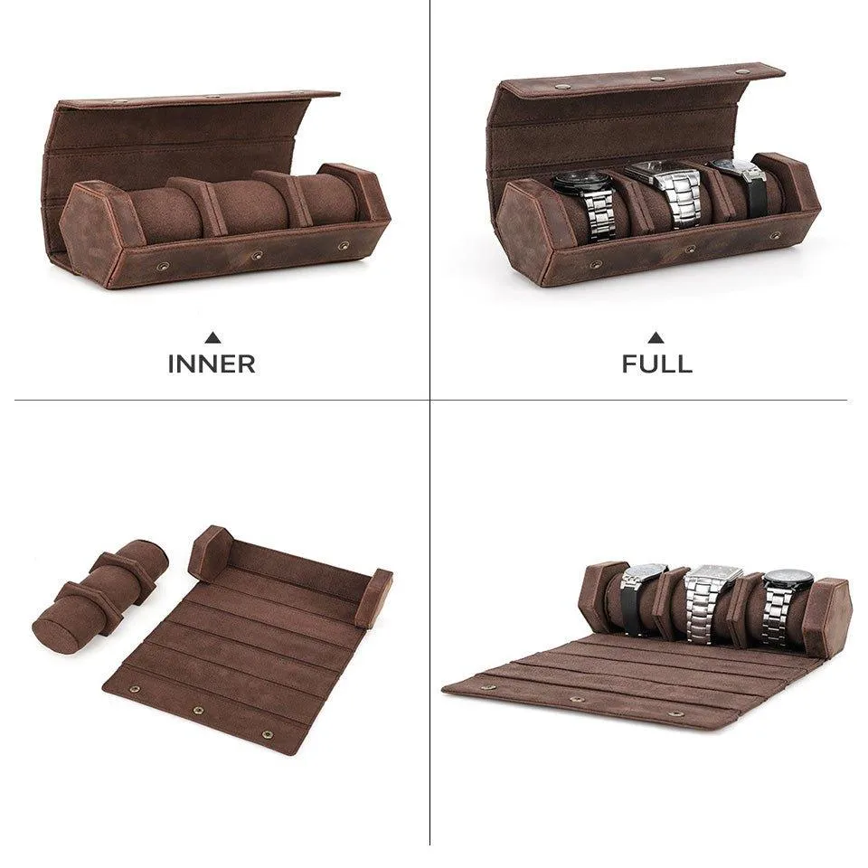 Woosir Leather Hexagon Watch Roll Case for 3 Watches