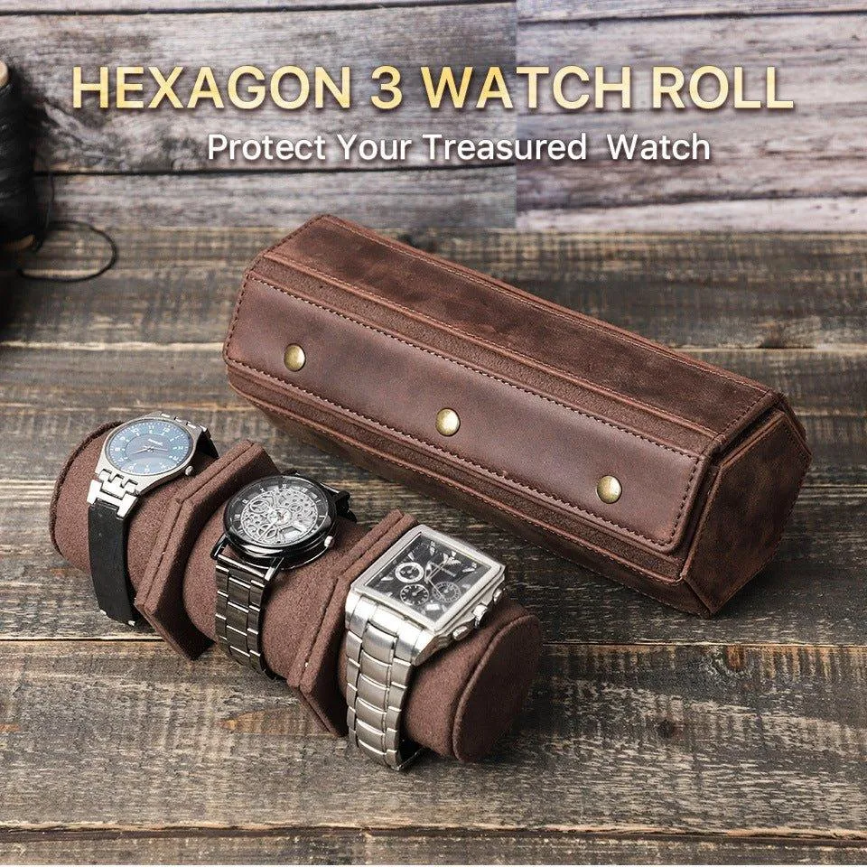 Woosir Leather Hexagon Watch Roll Case for 3 Watches