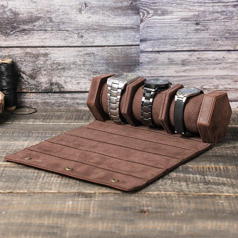 Woosir Leather Hexagon Watch Roll Case for 3 Watches
